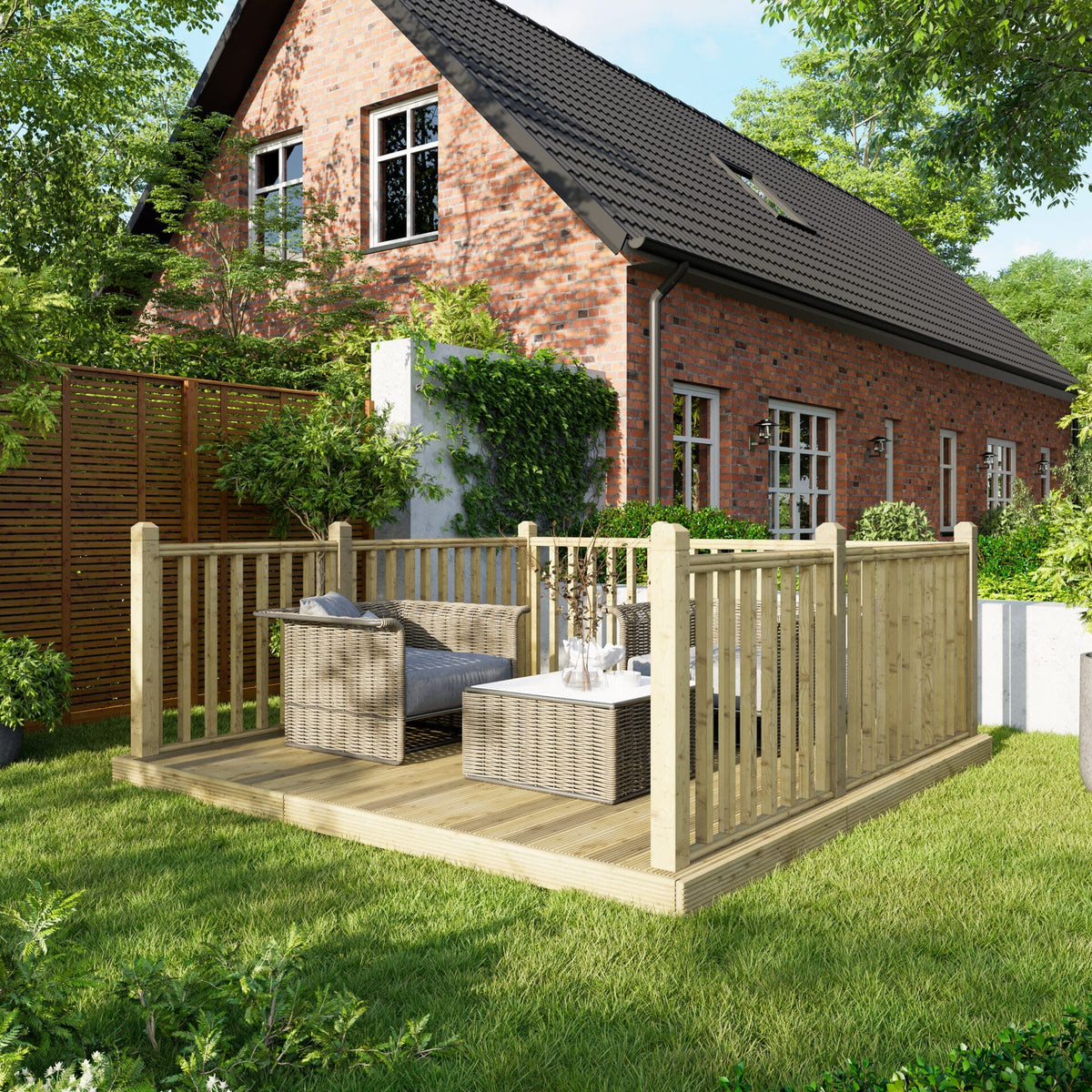 Power Wooden Decking Kit 10x10 / Handrails on Three Sides