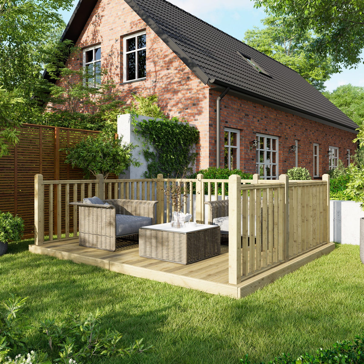 Power Wooden Decking Kit 10x12 / Handrails on Three Sides