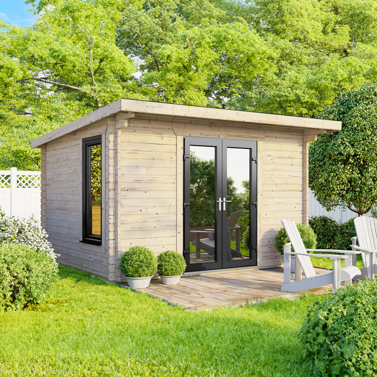 Power Pent Log Cabin - 44mm – 12x8 exterior view with centre door
