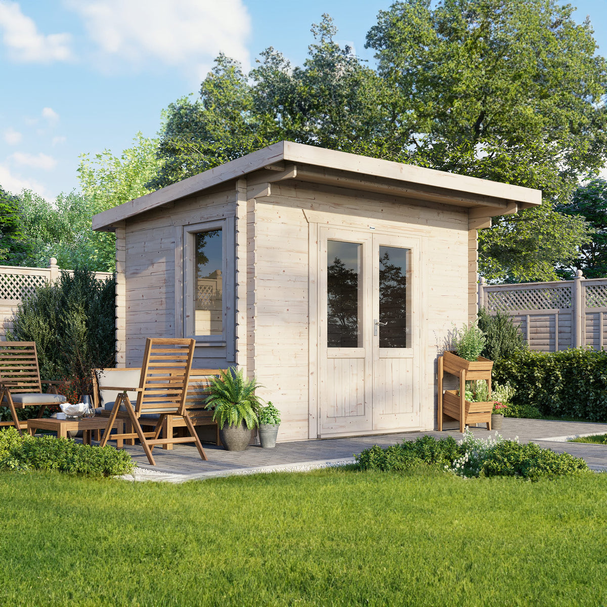 Power Pent Log Cabin - 28mm – 12x8 exterior view with centre door