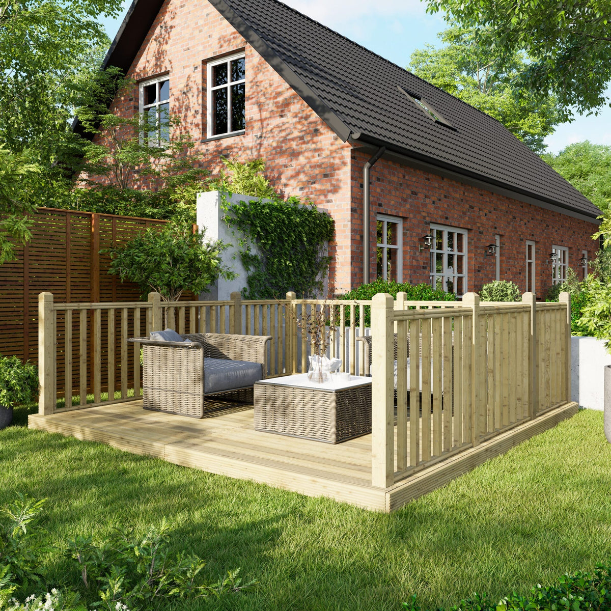 Power Wooden Decking Kit 12x12 / Handrails on Three Sides