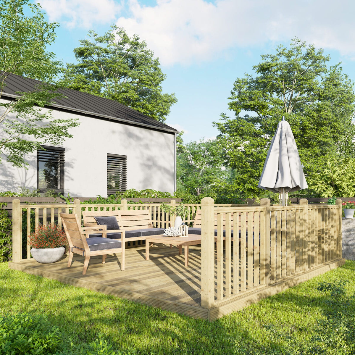 Power Wooden Decking Kit 14x14 / Handrails on Three Sides