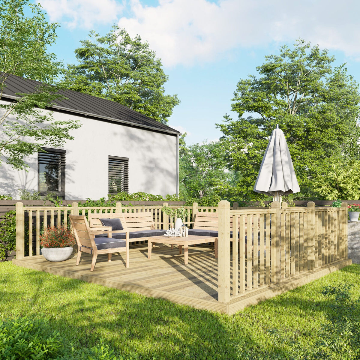 Power Wooden Decking Kit 14x16 / Handrails on Three Sides