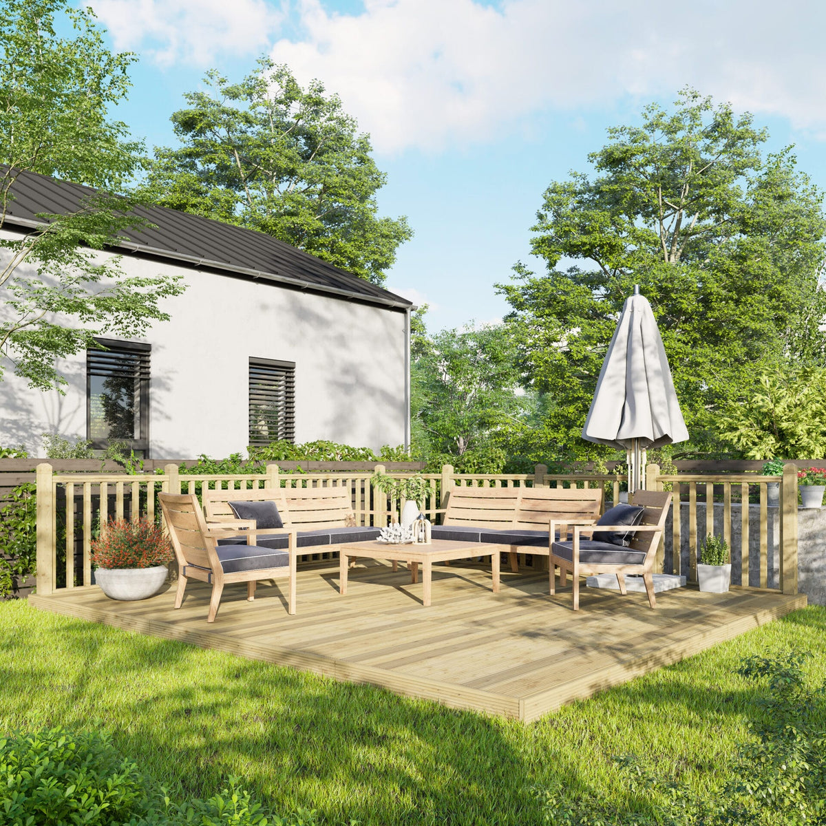 Power Wooden Decking Kit 14x16 / Handrails on Two Sides