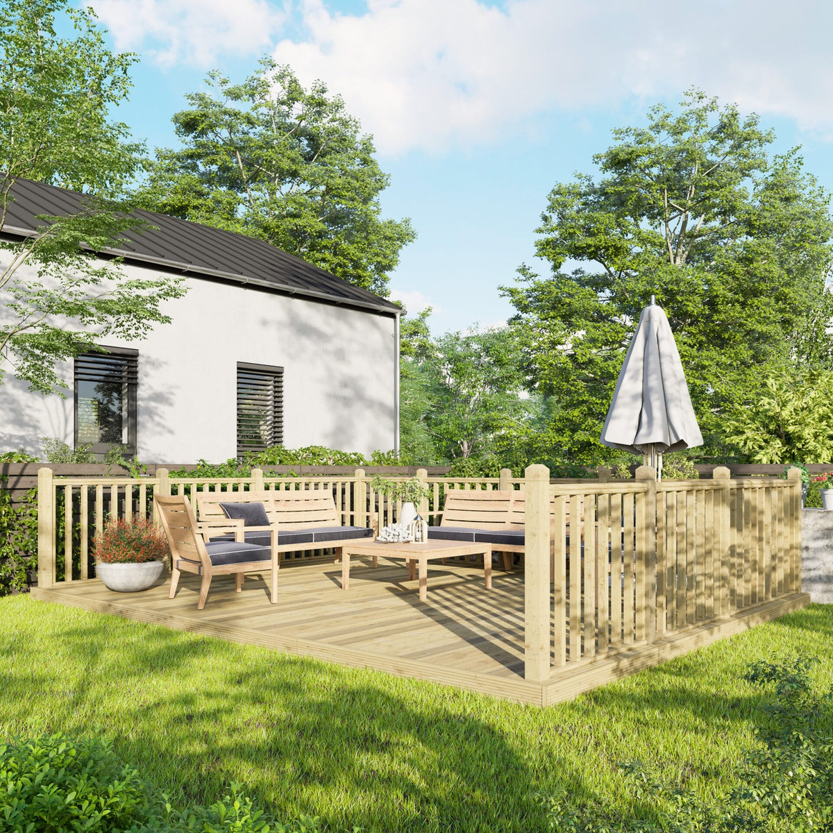 Power Wooden Decking Kit 14x18 / Handrails on Three Sides