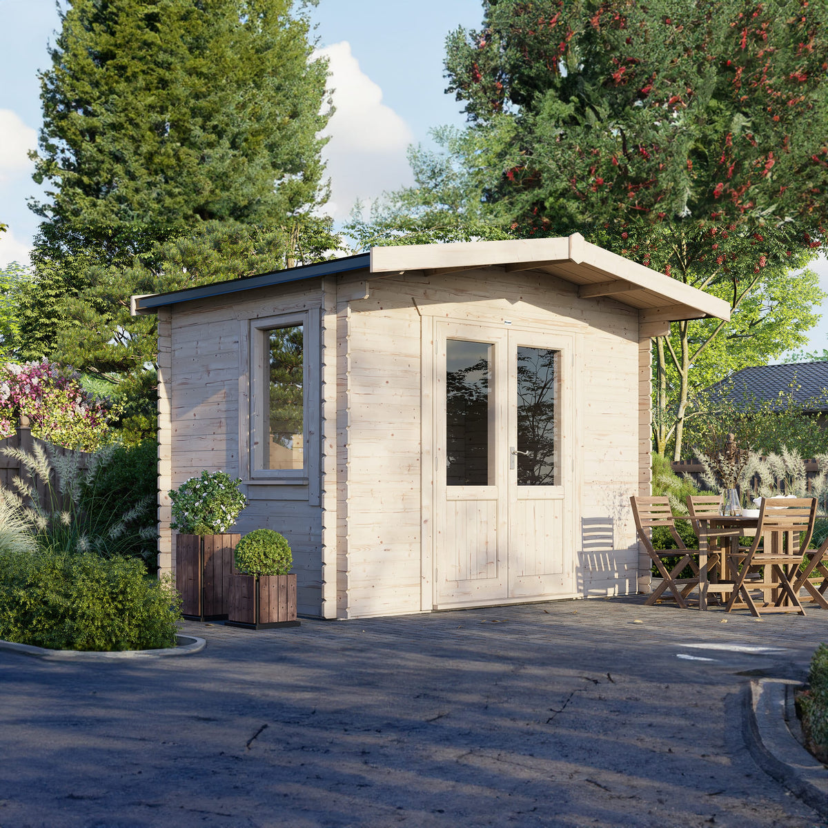 Power Chalet Log Cabin - 28mm – 8x12 exterior view with centre door