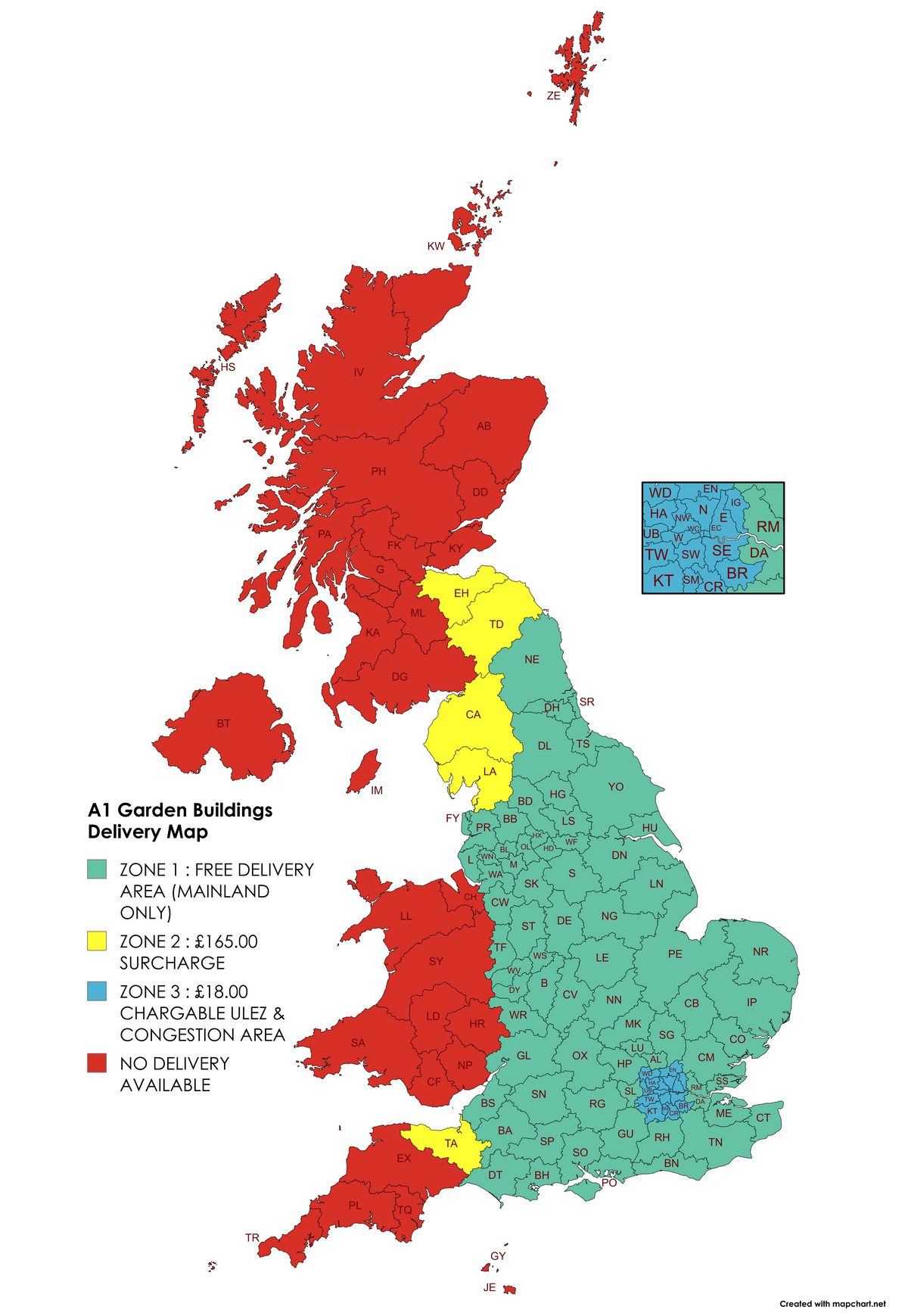 A1 Garden Buildings delivery map showing free delivery, surcharge, London charge and no-delivery areas