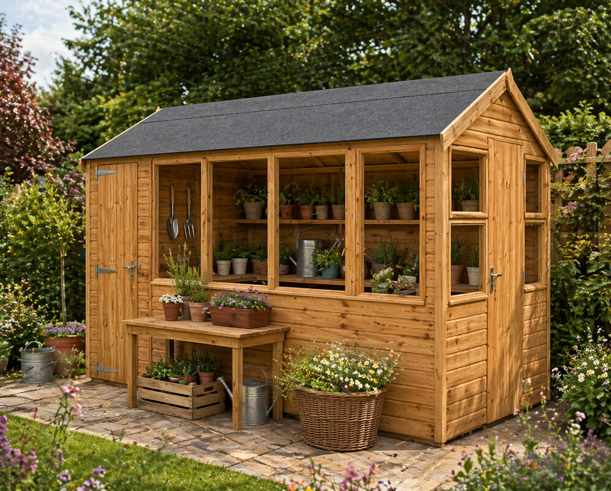 Sovereign Axbridge Apex Potter timber potting shed in a garden