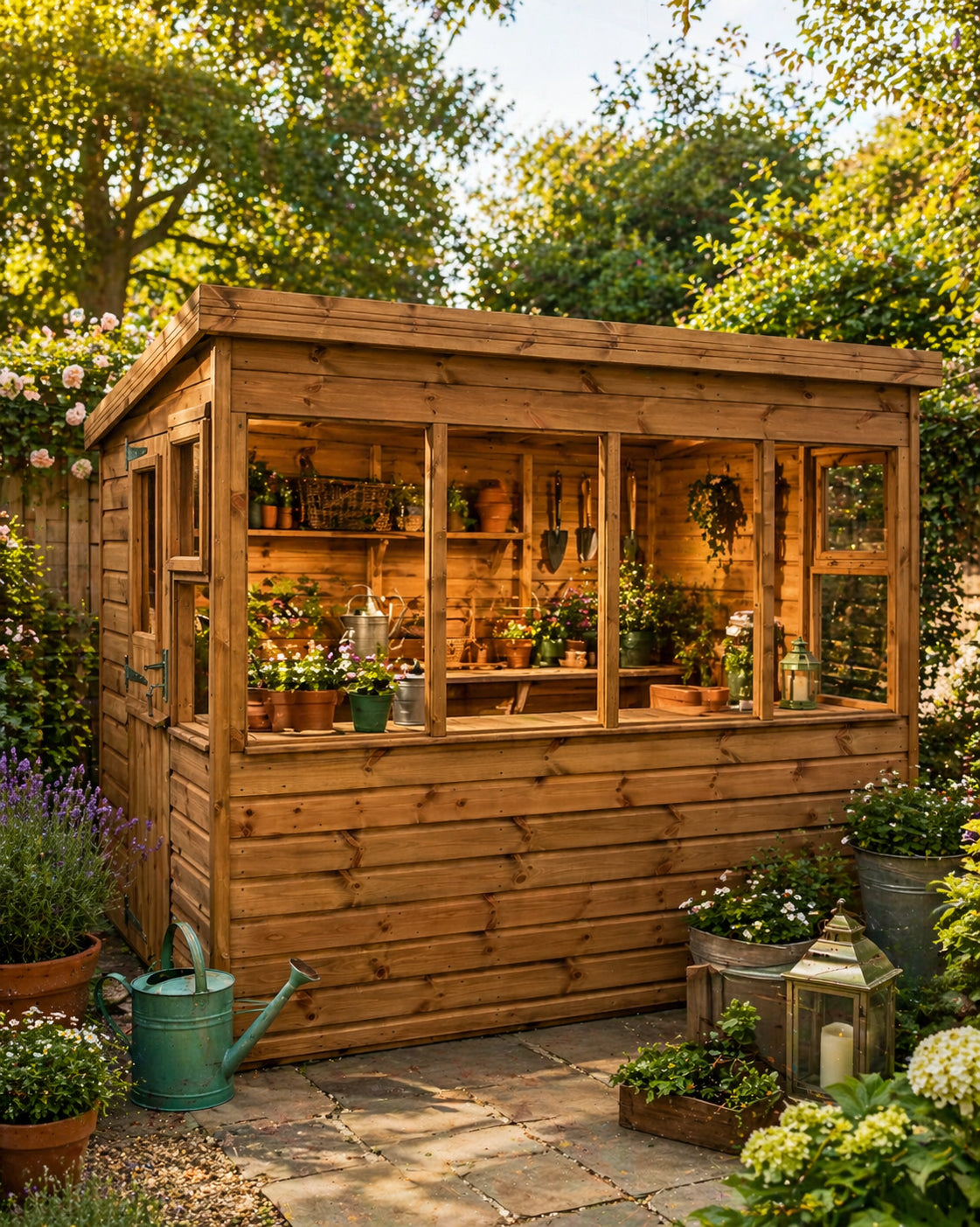 Sovereign Bath Mini Potter timber potting shed, front view in a garden