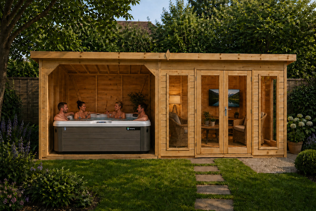 Sovereign Brighton Contemporary Alfresco Summerhouse with a hot tub in a garden