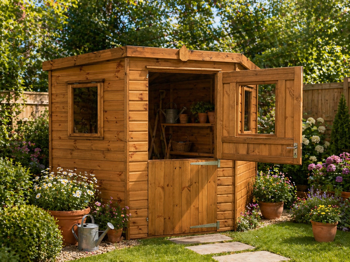 Sovereign Cornwall Corner Shed, timber garden corner shed with door open