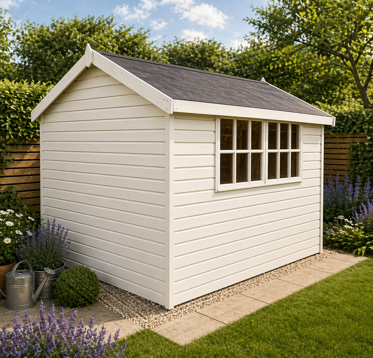 Sovereign Cumbria Robust Apex Shed, painted timber garden shed in a garden