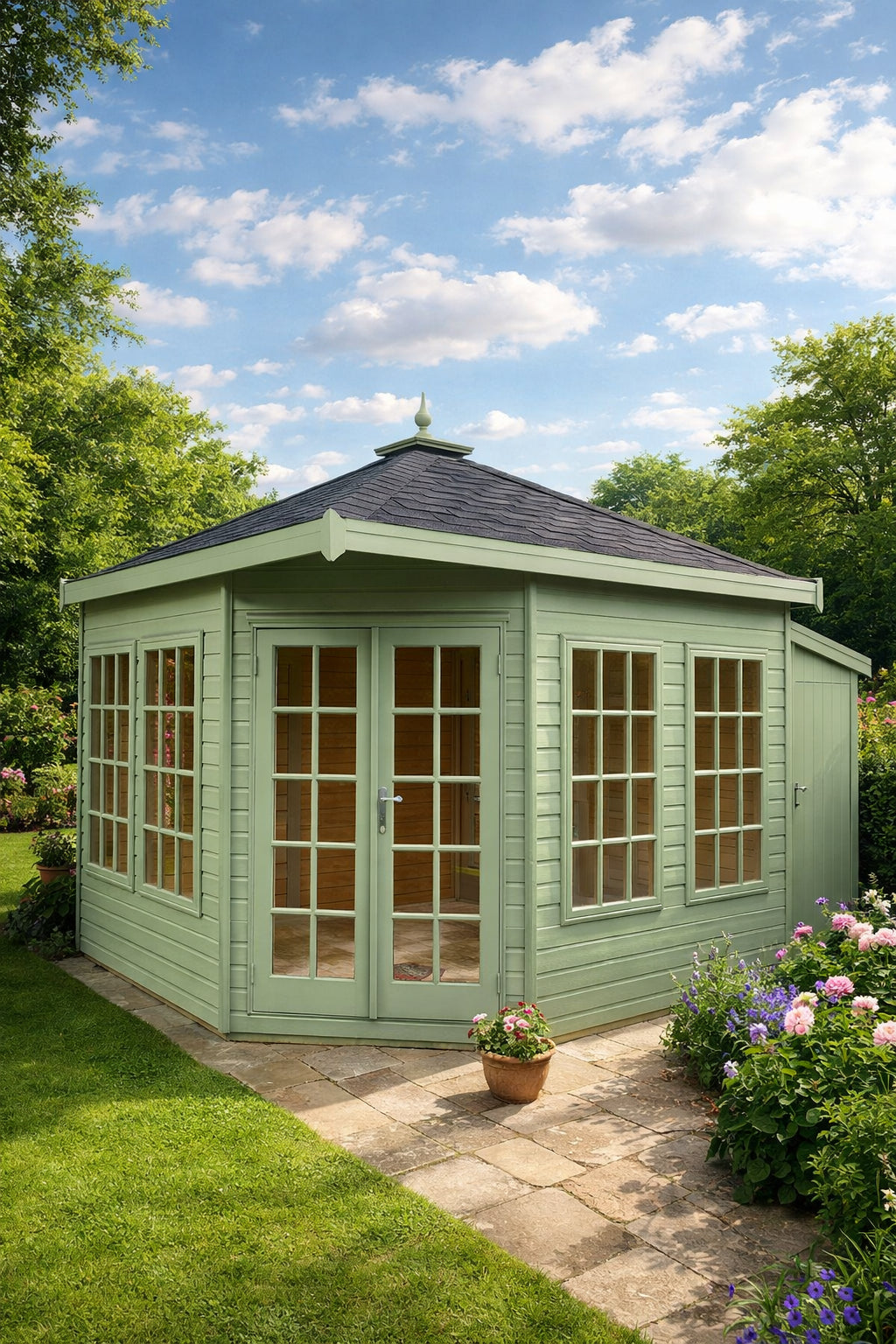 Sovereign Edinburgh Georgian Hipped Summerhouse, painted, in a garden