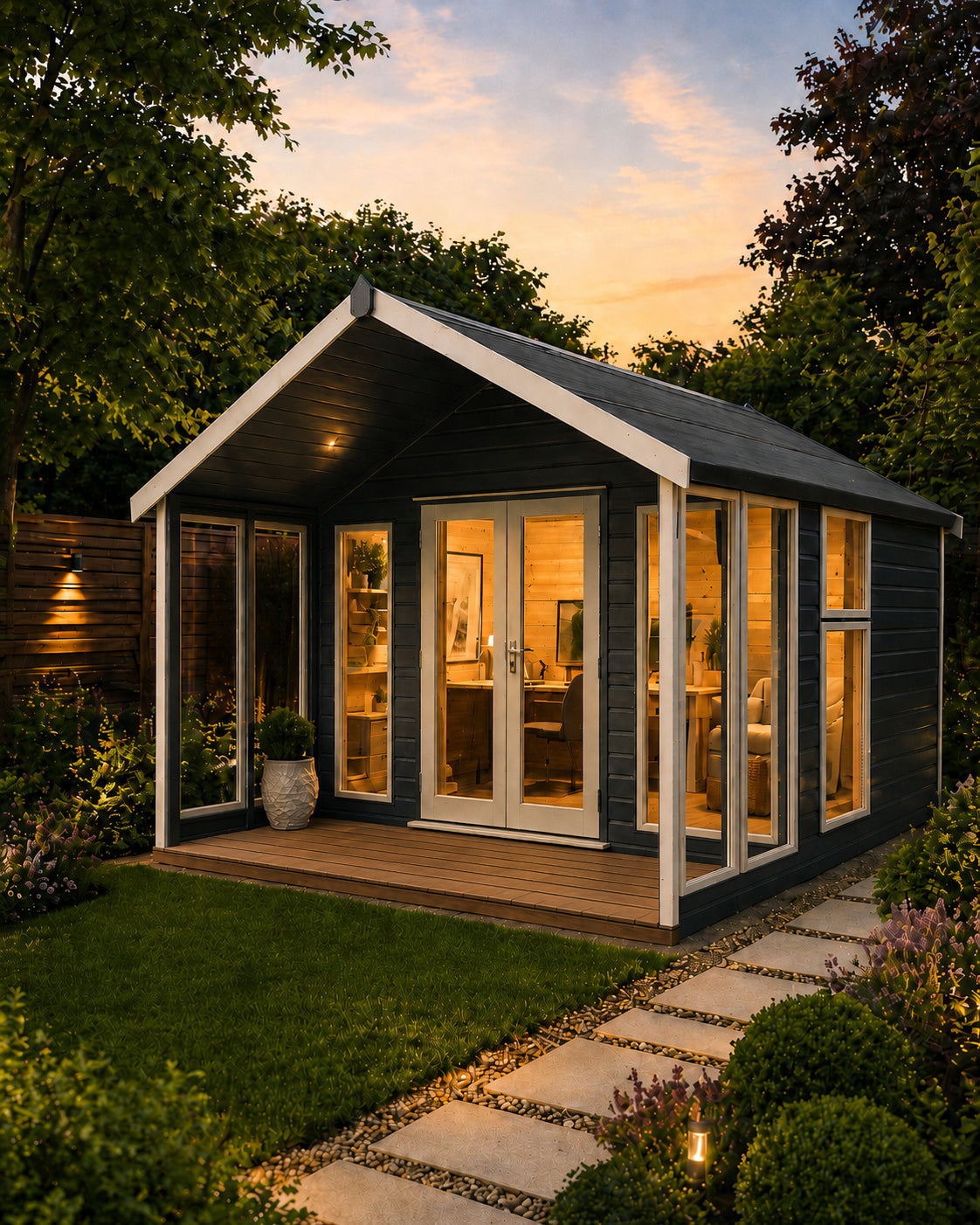 Sovereign Glasgow Premium Summerhouse with veranda and wooden floor, side angle in a garden