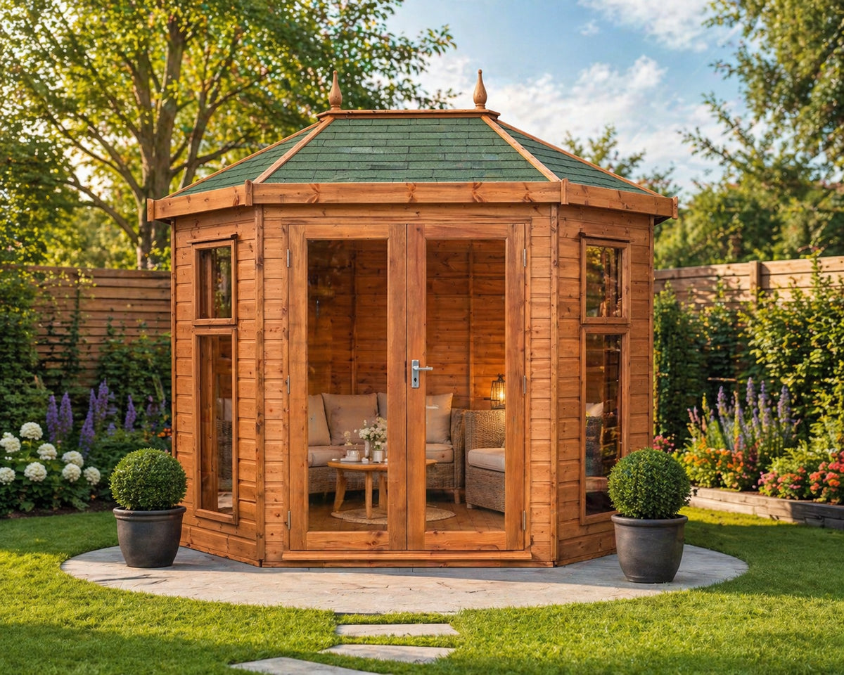 Sovereign Hampshire Contemporary Octagonal Summerhouse outside in a garden