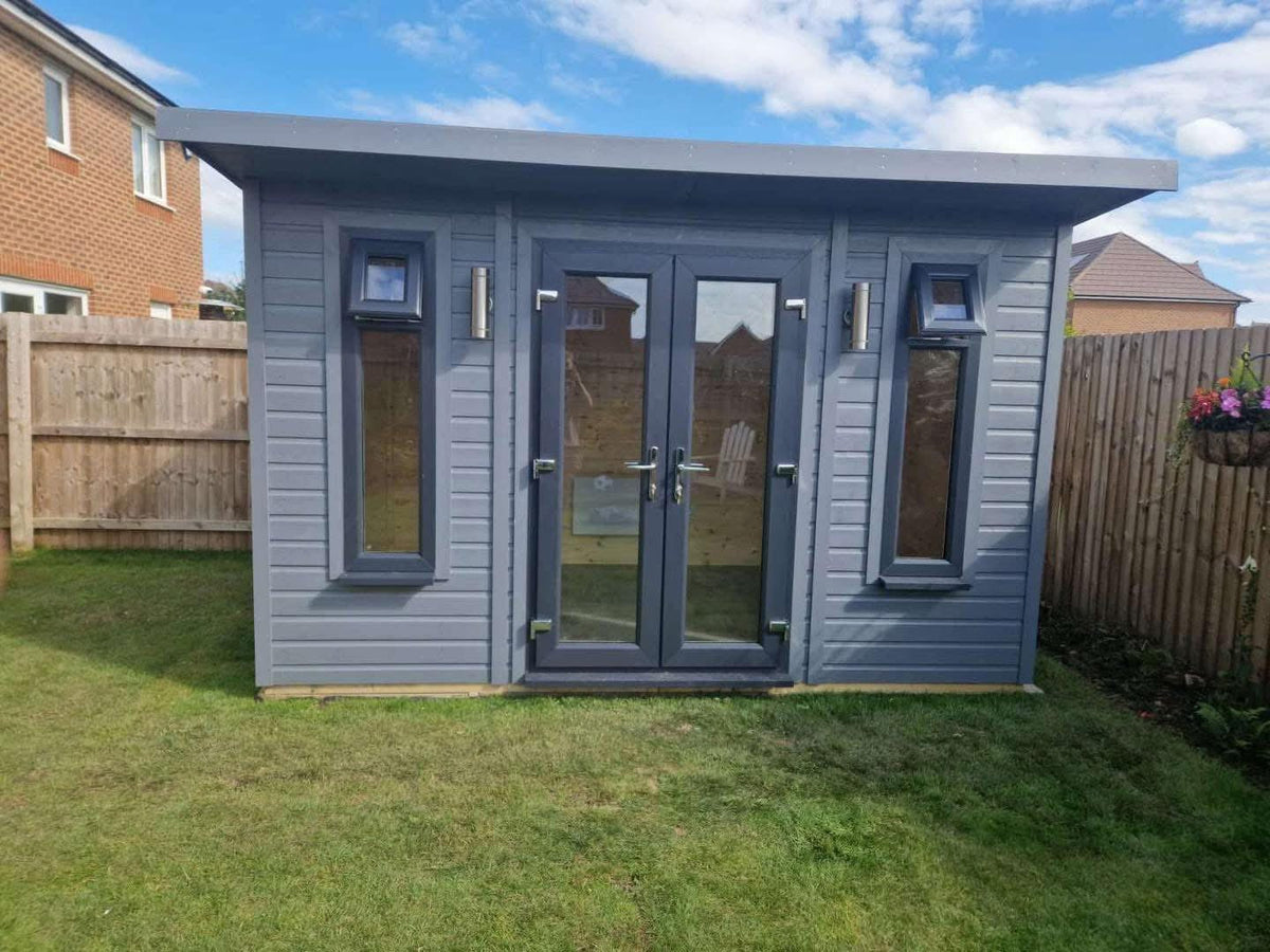 Suresheds Kingsdale Contemporary Pent summerhouse painted grey, with French doors and two full-length windows