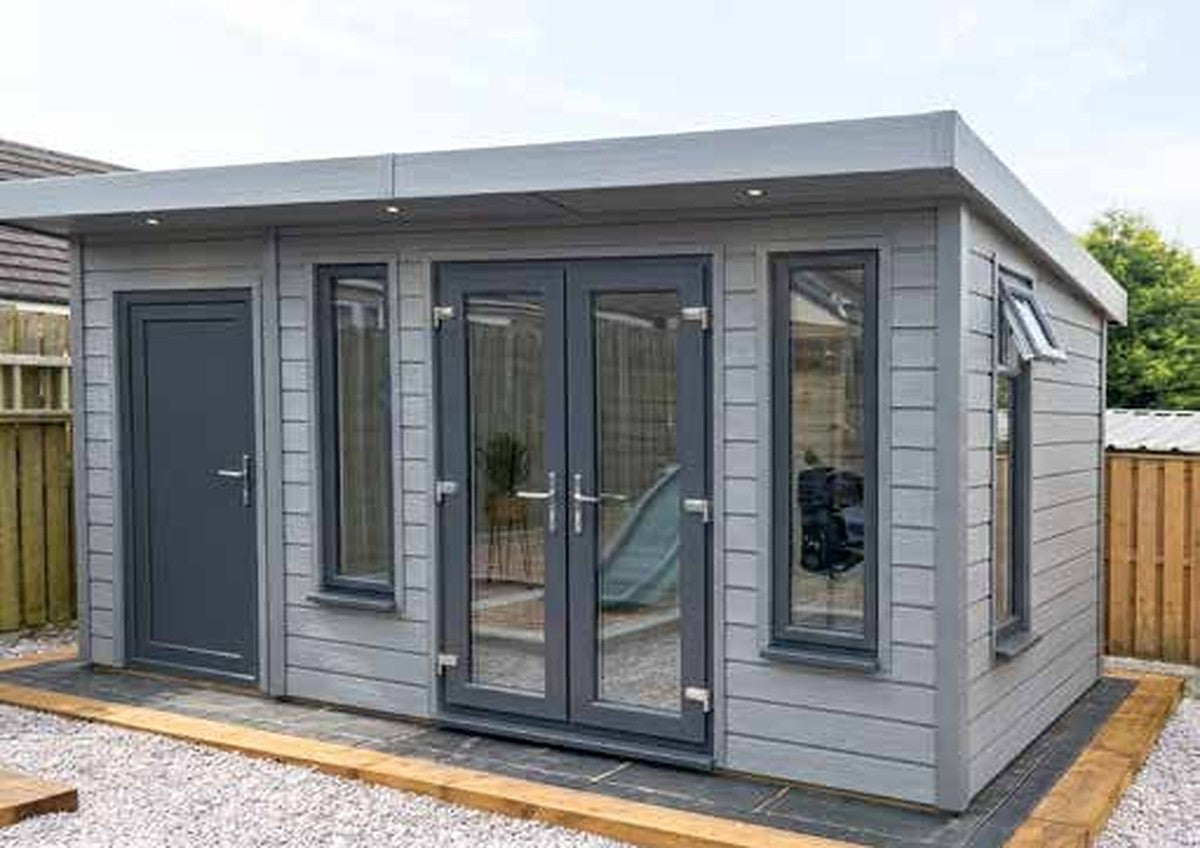Composite Kingsdale Contemporary Combi by Suresheds – garden room with UPVC French doors and separate store door