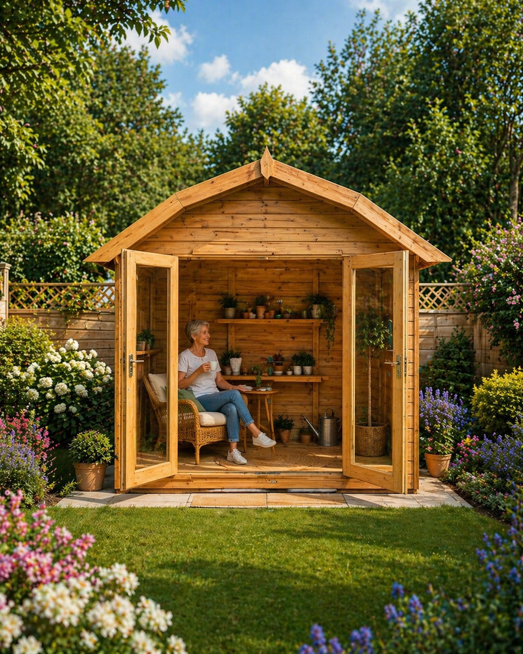 Sovereign Norfolk Barn Summerhouse with doors open, in a garden
