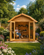 Sovereign Norfolk Barn Summerhouse with doors open, in a garden