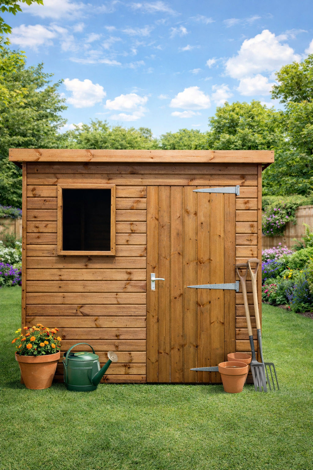 Sovereign Nottingham Pent Shed, timber garden shed outside in a garden