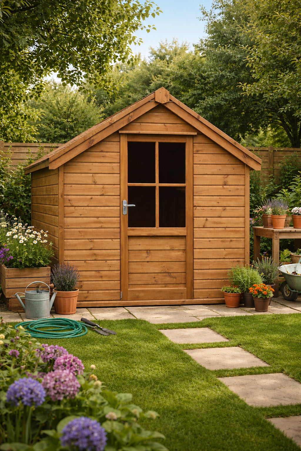 Sovereign Surrey Premium Apex Shed, timber garden shed outside in a garden