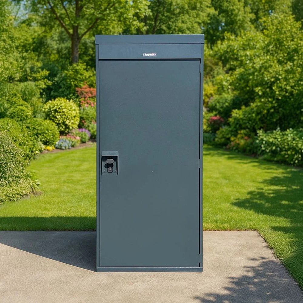 Asgard Vertical Bike Locker in a garden