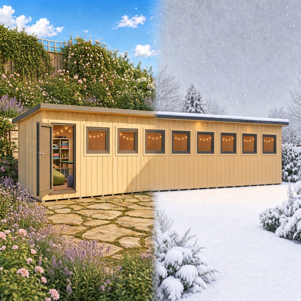 Fortis SIP insulated workspace shown in summer and in snow, built for year-round use
