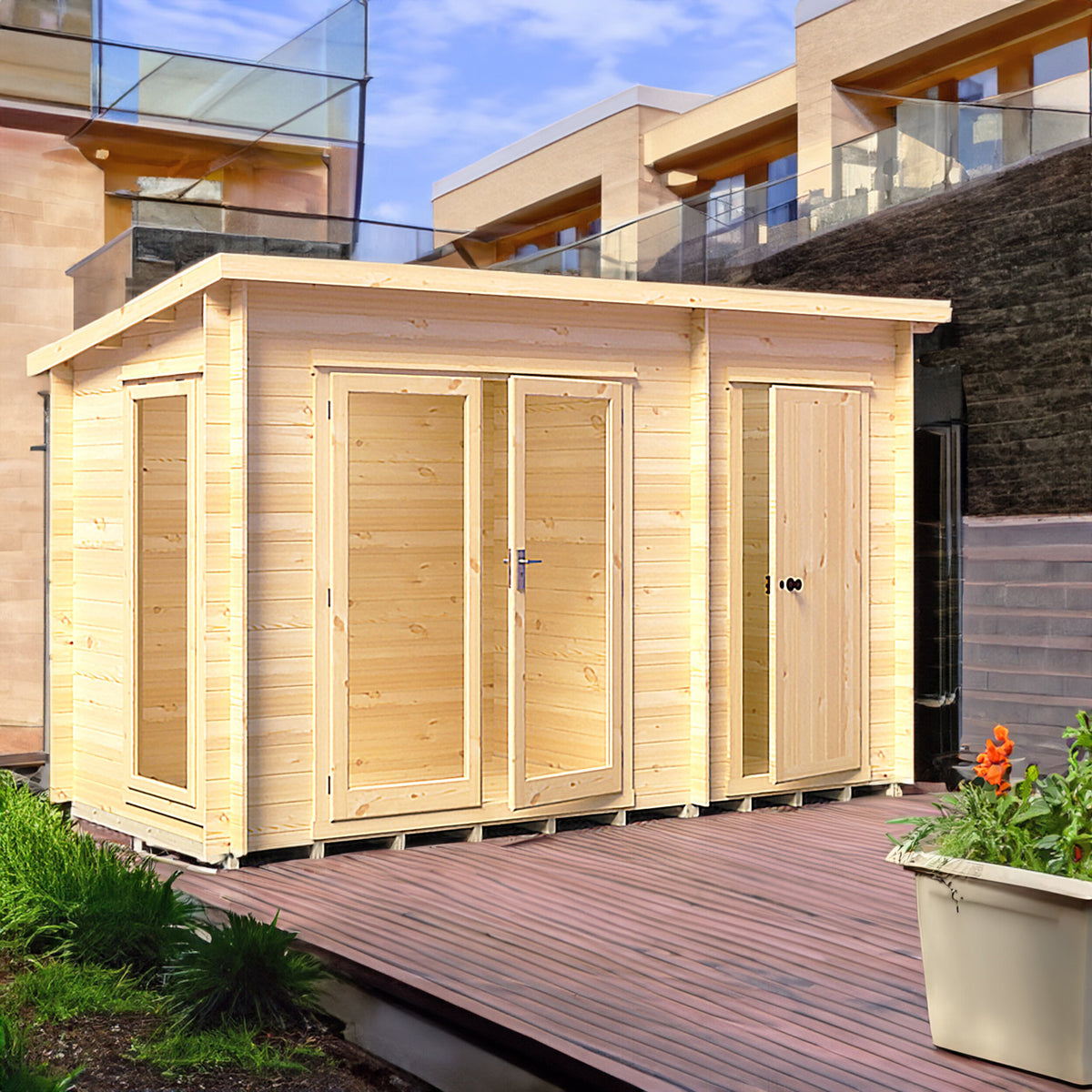Shire Walsoken 19mm log cabin with storage 6x12 – exterior view
