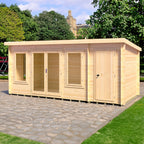 Shire Elm 19mm log cabin with storage shed 8x17 – exterior view