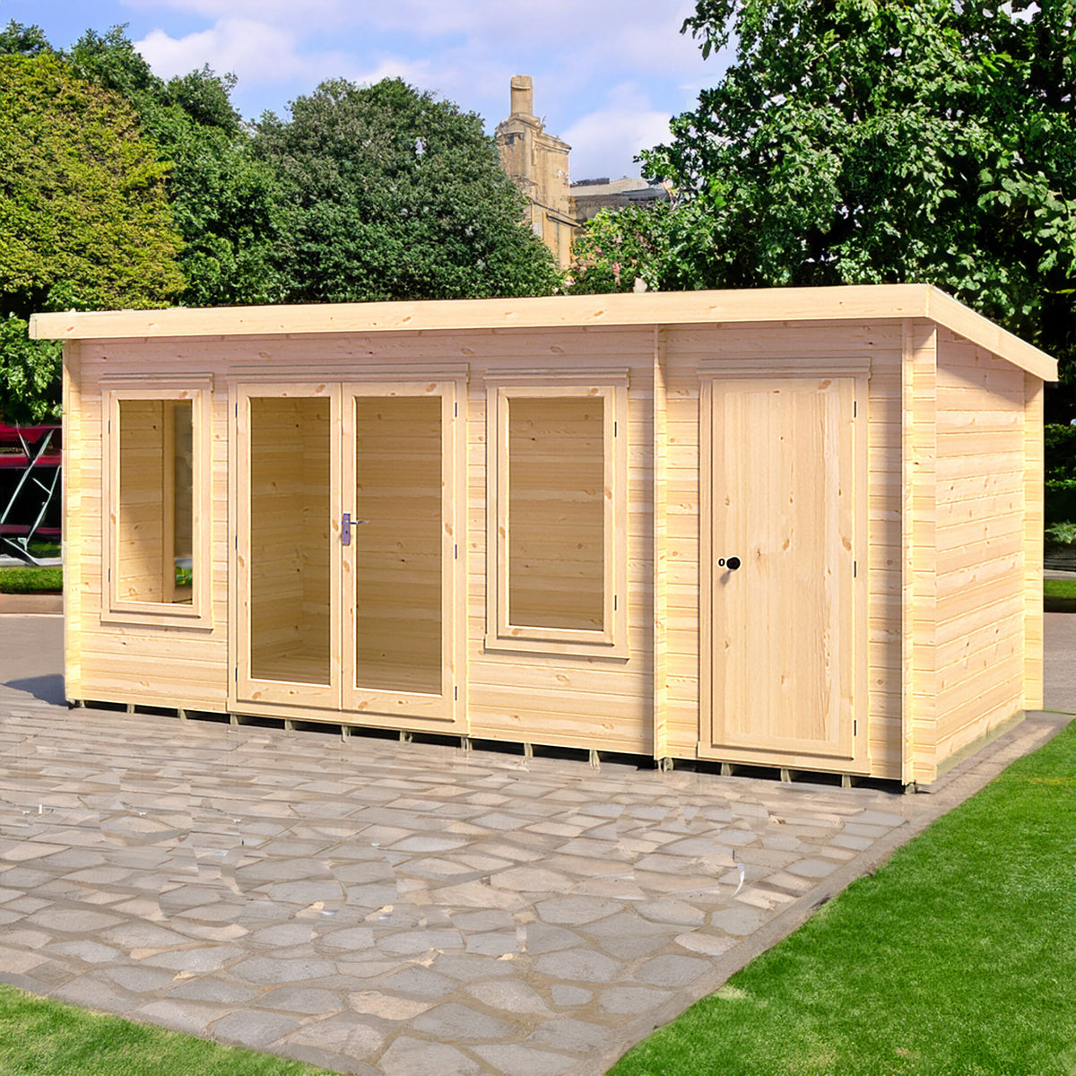 Shire Elm 19mm log cabin with storage shed 8x17 – exterior view