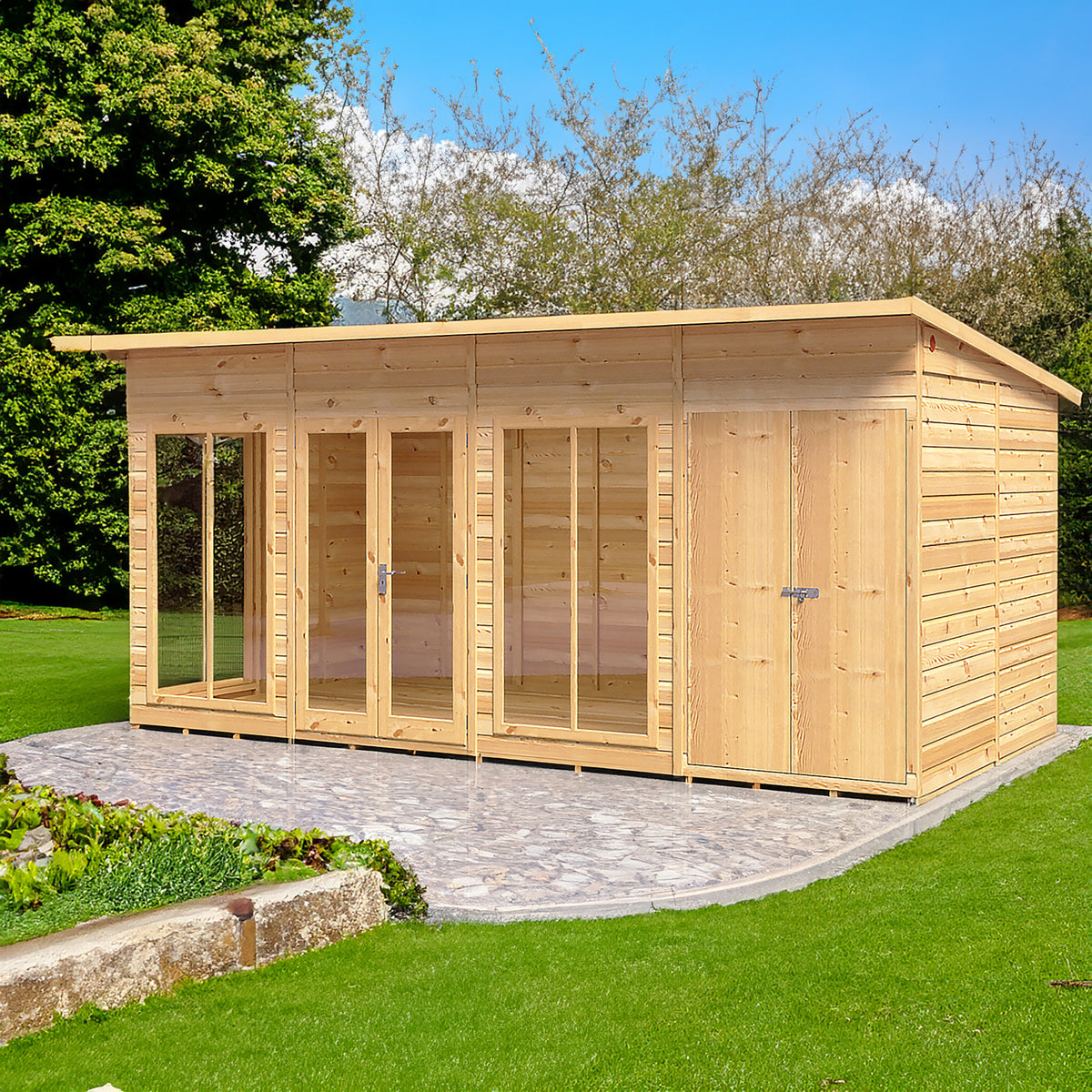 Shire Lela summerhouse 16x8 with storage shed – front view