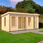 Shire Elm 19mm log cabin with storage shed 8x17 – exterior view