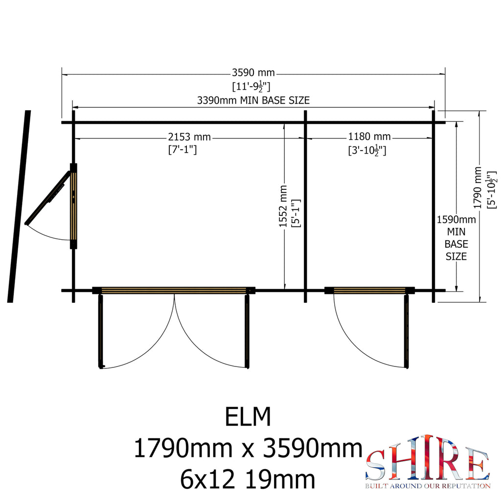 Shire Elm 19mm log cabin with storage shed 6x12 – floor plan