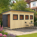 Fortis SIP insulated workshop with low-pitch pent roof, anthracite grey uPVC door and windows, in a garden