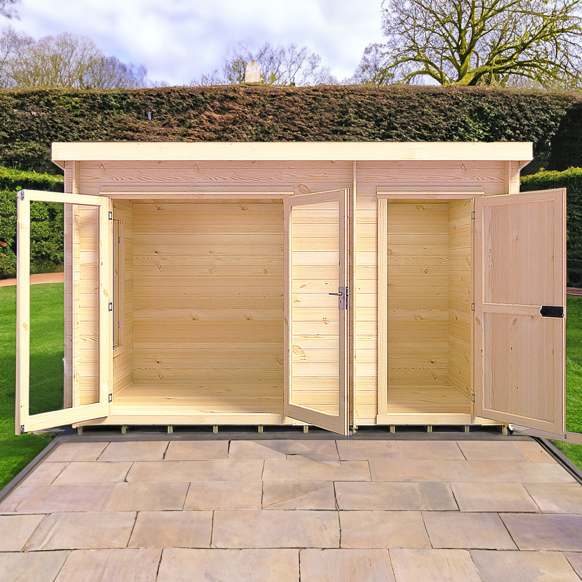 Shire Elm 19mm log cabin with storage shed 6x12 – exterior view