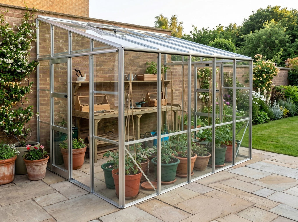 Elite Titan K800 Lean To Greenhouse – silver finish in garden setting
