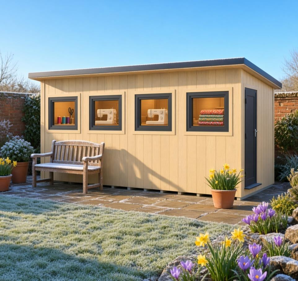 Long Fortis insulated workshop with a garden bench outside