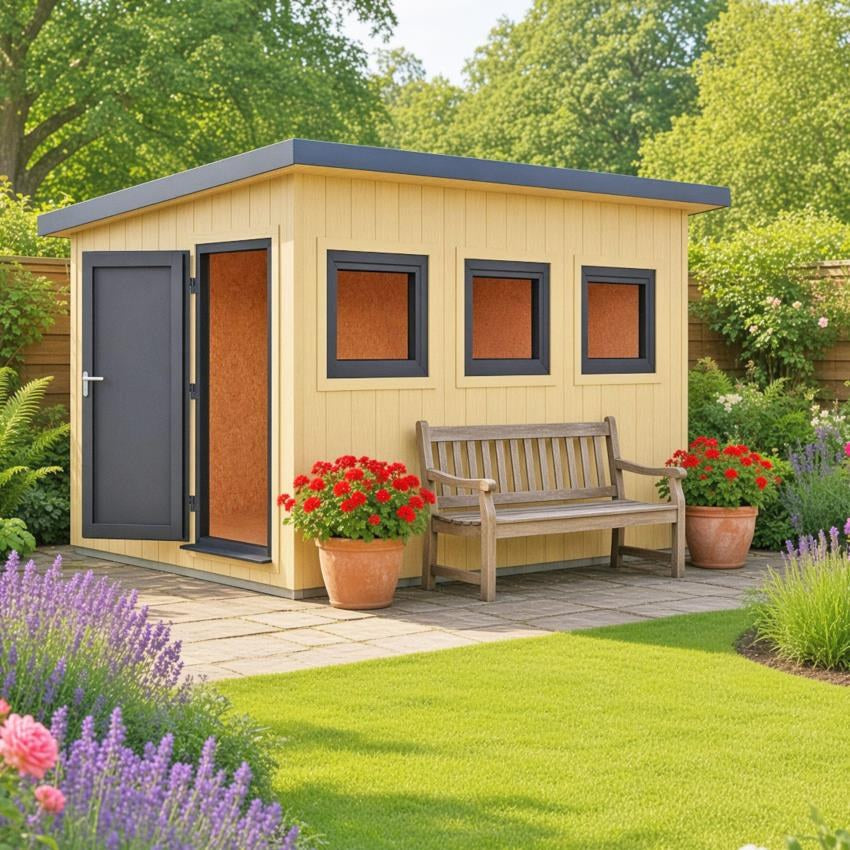 Fortis insulated workshop in a summer garden