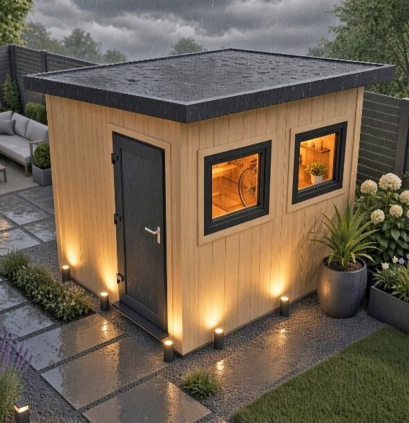 Fortis insulated workshop lit up in the evening