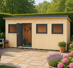 Fortis workshop with the door open showing garden tools